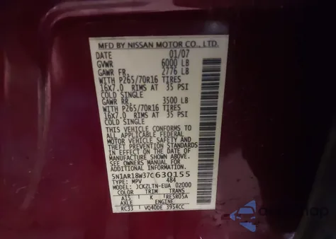 2007 Nissan Pathfinder Se z USA, uszkodzony, nr VIN 5N1AR18W37C630155